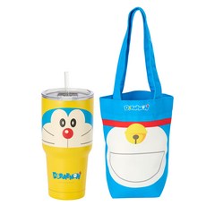 Hiromimi 哆啦A夢304不鏽鋼冰霸杯袋3件組 附提袋吸管 雙飲口設計, 900ml, 1組, 大臉款