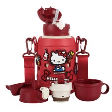 BEDDYBEAR 杯具熊 四葉草兒童保溫壺組 水瓶 + 杯蓋 3個 + 杯套 + 掛繩 + 掛件 8個, 吃貨Hello Kitty, 630ml, 1組