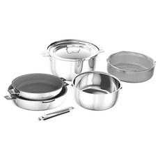 THANKFUL 膳夫 鋼好鍋系列 陶瓷煎鍋湯鍋 全能組, 1組, 平湯鍋 20cm + 深湯鍋 24cm + 陶瓷不沾煎鍋 24cm + 陶瓷不沾煎鍋 28cm + 可拆卸手柄 + 油炸瀝水籃 + 三鍋共用鍋蓋 + 鍋具防磨墊 3個 + 矽膠防燙套, 不鏽鋼