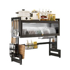 ONE HOUSE 升級碳鋼 山田掀門式水槽碗盤瀝水架 附豪華套件, 黑色, 2層, 1組