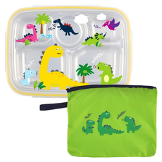 Cool Dino 不銹鋼深型恐龍兒童餐盤組, 1組, 盤子 + 蓋子 + 袋子, 混和顏色