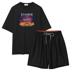 ILLUSO 男款 California1982 寬鬆版型短袖防磨衣 + 四分彈性海灘褲套裝, 黑色(上衣), 黑色(下身)