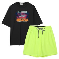 ILLUSO 男款 California1982 寬鬆版型短袖防磨衣 + 四分彈性海灘褲套組, 黑色(上衣), 螢光綠(下著)