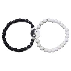 Cashrich 維繫戀人情緣情侶念珠手鍊 單一尺寸, 1套, 白色 + 黑色