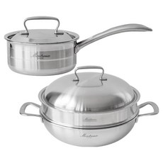 Montreux 電磁爐用 316 五層不鏽鋼鍋具 2件組, 銀色, 1套, 16cm單柄鍋 + 28cm宮廷蒸鍋
