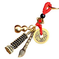 O'vel 避邪好運鑰匙圈 黃銅實心葫蘆 + 文昌塔 + 狀元筆 + 紅繩五帝錢組合, 1套, 混合色