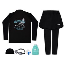 aquatica 兒童防磨泳衣上衣 AQA382 + 短版水陸兩用褲 AQA421 + 一般款泳鏡 + 彈性泳帽 + 耳塞 + 透明防水袋組合