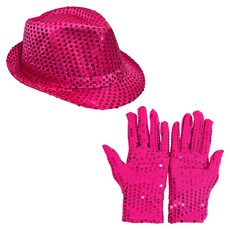 Party09 亮片紳士帽 + 亮片手套雙手穿戴組, 1套, 深粉紅色