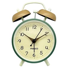 FRANCO 台暐 金屬雙鈴靜音鬧鐘, 米白色底黑色字鐘面 + 棕色雙鈴 + 草綠色外框 + 白色鐵件