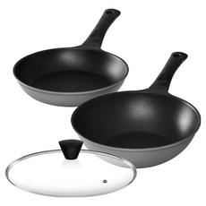 Kitchen-Art 鈦金平底鍋3件組, 1套, 灰色, 20cm平底鍋 + 24cm中式炒鍋 + 24cm玻璃鍋蓋