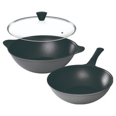 Kitchen-Art 鈦金平底鍋3件組, 1套, 灰色, 28cm中式炒鍋 + 28cm派對炒鍋 + 28cm玻璃鍋蓋