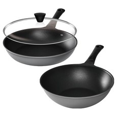 Kitchen-Art 鈦金平底鍋3件組, 1套, 灰色, 30公分平底鍋 + 30公分炒鍋 + 30公分玻璃鍋蓋