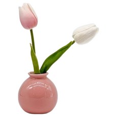 Floral M 花藝 仿真花 俏皮蜜桃粉鬱金香花禮, 1組, 粉色 + 綠色 + 白色