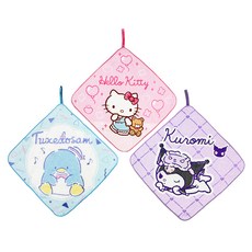 MARUSHIN 丸真 三麗鷗卡通掛繩小方巾3件組，柔軟棉質，吸水速乾，可愛圖案, 休閒時光, 1組