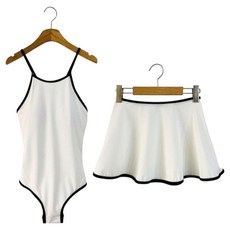 時髦黑搖擺拼色線條露背連身泳衣裙比基尼套裝 cpbw139k55, 象牙白