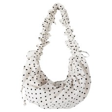 粉色包圓點皺褶抽繩肩背包, 白色