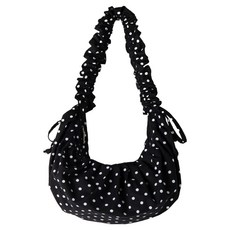 粉色包圓點皺褶抽繩肩背包, 黑色