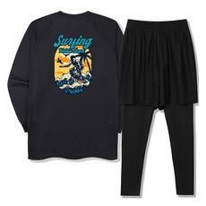 ILLUSO 男款 Waikiki Beach 寬鬆版型長袖防磨衣 + 四分彈性層次內搭海灘褲套裝, 黑色(上衣), 黑色(下身)
