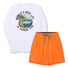 ILLUSO 男士用 Insummertime 寬鬆版長袖防磨衣 + 四分彈性海灘褲套裝, 白色(上衣), 螢光橘(下身)