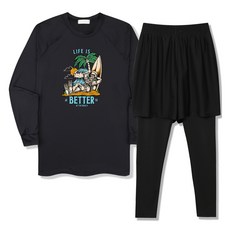 ILLUSO 男款Waikiki Beach寬鬆版長袖防磨衣 + 四分彈性層次內搭海灘褲套裝, 黑色(上衣), 黑色(下身)