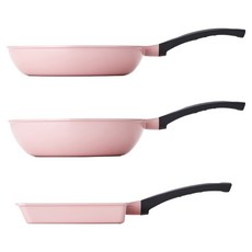 KITCHEN FLOWER 陶瓷鑄物平底鍋3件組, 1套, 灰色 + 淺粉色, 平底鍋 20cm + 炒鍋 22cm + 方形煎鍋 18cm