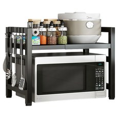 MDYooMarket 高級可調節高度寬度微波爐雙層層架 + 6入掛鉤組, 黑色, 1個