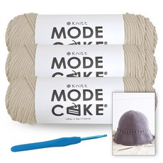 Knitt Mode Cake 編織線 100g x 3入 + Meril 漁夫帽圖案 + 鉤針 7/0號 4.0mm 套組, 03 淺米色
