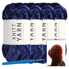 니뜨 허니 벨벳 뜨개실 100g x 4p + 버킷햇 도안 + 모사용 코바늘 7 / 0호 세트, 1세트, 9 블루