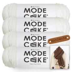 니뜨 모드케이크 뜨개실 100g x 4p + 뉴 로이드 롱 머플러 도안 + 라운드 엣지 라벨 세트, 1세트, 1 화이트(뜨개실)