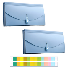 Misoroun 便利13格迷你風琴式收據整理盒 + 索引貼紙, 2個, 天藍色
