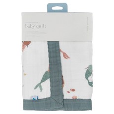 little unicorn 純棉四層紗布毯, 美人魚 白色 + 深綠色