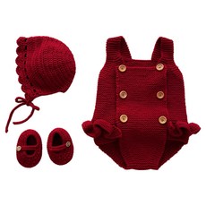 slow moments 編織新手 荷葉邊嬰兒服製作 鐘形帽 + 連身衣 + 腳套組 DIY材料包, 紅色, 1個