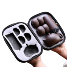 紫砂旅行茶具組, 茶壺 + 杯子 4個 + 茶葉罐 + 旅行包, 1組, 紫砂色