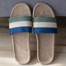 BonBon naturel 男款亞麻透氣涼拖鞋 經典條紋居家拖鞋 舒適 輕巧耐磨, S, 藍色, 1雙