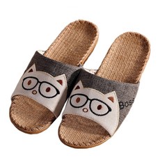 BonBon naturel 男款亞麻室內拖鞋 L 灰色 可愛貓咪透氣防滑, 2雙