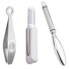 切蔥絲刮魚鱗拔毛夾3件組, 1組, 混和顏色, 多功能削皮器 + 刮魚鱗器 + 拔毛夾