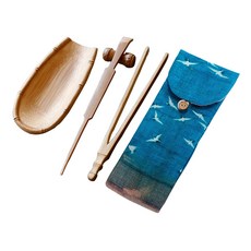 茶道配件5件組, 茶則 + 茶匙 + 茶夾 + 竹擱 + 小布袋, 1組, 混和顏色
