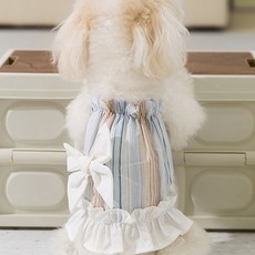 Puppy Dream 狗狗Arin大蝴蝶結荷葉邊條紋連身裙 10049, 藍色, 1個