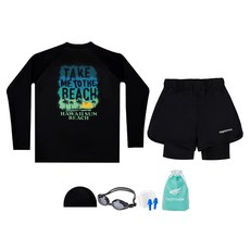 aquatica 兒童防磨泳衣上衣 AQA390 + 三分水上運動緊身褲 AQA420 + 一般泳鏡 + 彈性泳帽 + 耳塞 + 透明收納袋組合