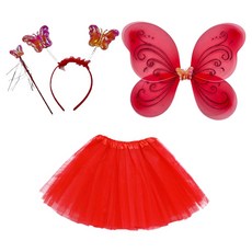 Party09 妖精翅膀 + 髮箍 + 魔法棒 + 裙子派對套組, 紅色 + 紅色, 1套