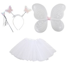 Party09 妖精翅膀 + 髮箍 + 魔法棒 + 裙子派對套組, 白色 + 白色, 1套