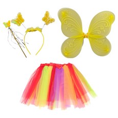 Party09 妖精翅膀 + 髮箍 + 魔法棒 + 裙子派對套組, 黃色 + 彩虹, 1套