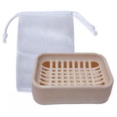inomata 日本製 家用型快乾肥皂盒 附網袋 13 x 9 x 4cm, 米色, 1個