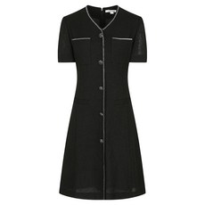 NICE CLAUP 短袖無袖粗花呢編織飾邊連身裙, 黑色