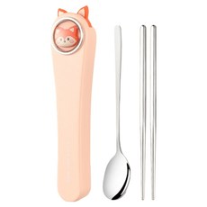 萌趣動物便攜餐具 全銀筷勺2件組, 收納盒 + 餐勺 + 筷子, 1組, 狐狸