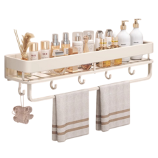 小麥購物 奶油風浴室置物架 單層 帶鈎帶桿, 奶白色, 1個