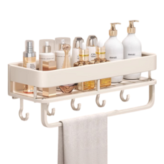 小麥購物 奶油風浴室置物架 單層 帶鈎帶桿, 奶白色, 1個