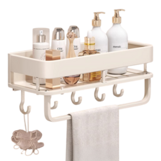 小麥購物 奶油風浴室置物架 單層 帶鈎帶桿, 奶白色, 1個