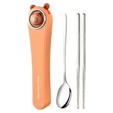 萌趣動物便攜餐具 全銀筷勺2件組, 收納盒 + 餐勺 + 筷子, 1組, 卡皮巴拉 橘色