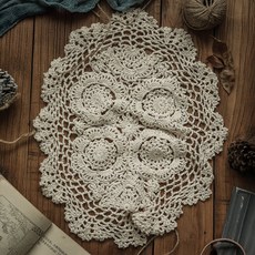 手工鉤針鏤空桌墊桌巾防塵蓋布 橢圓形, 1個, 43 x 33cm, 原棉色